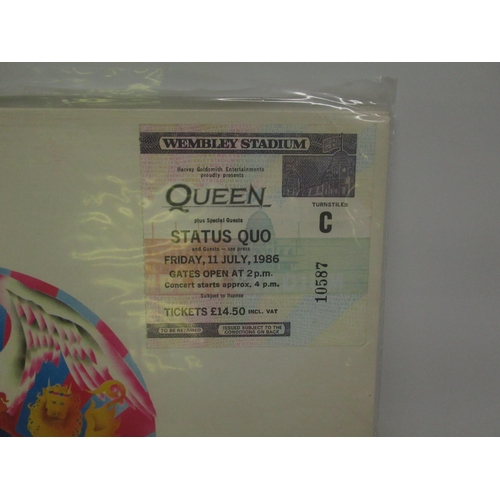 271 - Queen - A Night at the Opera LP, with attached Queen Webley Stadium 11 July 1986 ticket, Innuendo an... 