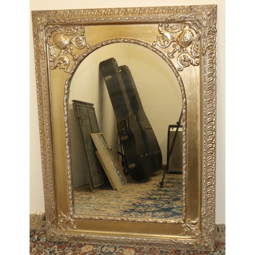 174 - Rococo style wall mirror, arched plate in lobed moulded rectangular silvered frame, H105cm W77cm