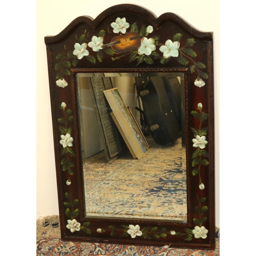 175 - Continental wall mirror, rectangular bevelled plate in arched moulded frame painted with violin and ... 