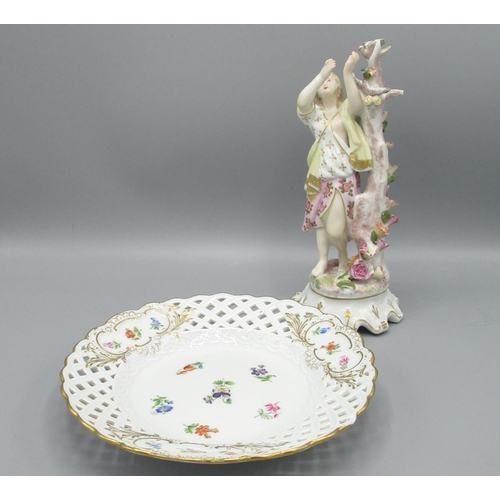 103 - Meissen figure of a lady with birds and a Meissen lattice work plate with floral and gilt decoration