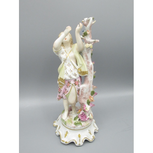 103 - Meissen figure of a lady with birds and a Meissen lattice work plate with floral and gilt decoration