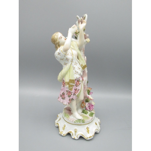 103 - Meissen figure of a lady with birds and a Meissen lattice work plate with floral and gilt decoration