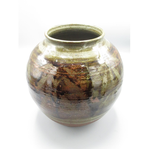 105 - Large studio pottery globular vase, black drips and splashes on a light brown glaze, impressed mark ... 