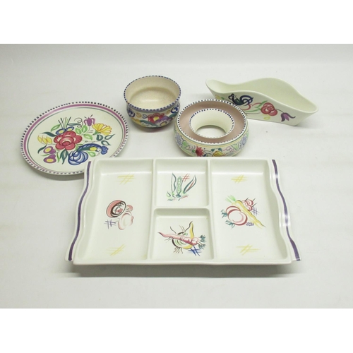 106 - Poole Pottery four sectioned Hors D'ouevres plate, plate, bowl, donut shaped posy and other dish (5)