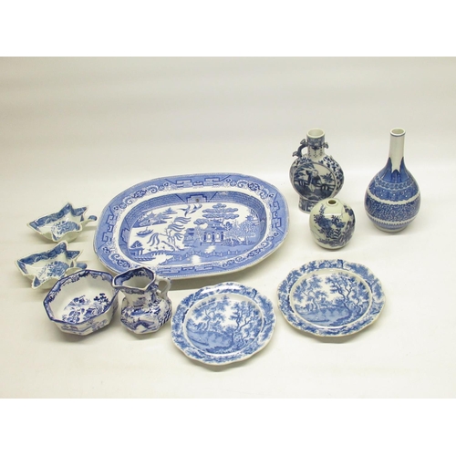 108 - Two C19th English leaf moulded blue and white pickle dishes, Staffordshire blue and white oval meat ... 