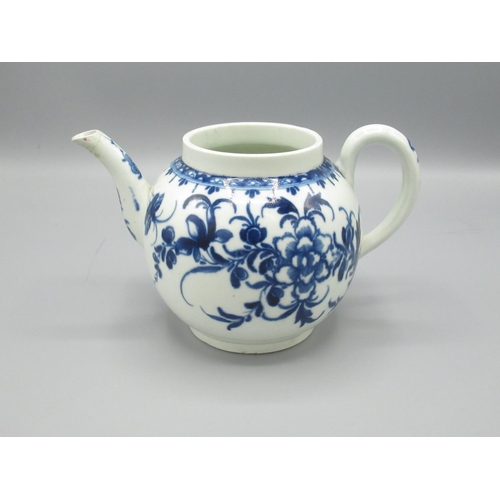 109 - Worcester Mansfield pattern teapot, with First Period Crescent mark, missing lid, H 11cm