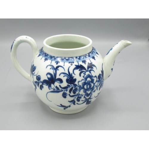 109 - Worcester Mansfield pattern teapot, with First Period Crescent mark, missing lid, H 11cm