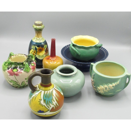 111 - Gouda water jug, H12.5cm, Barnstaple pottery 3 handled vase, and other pottery (8)