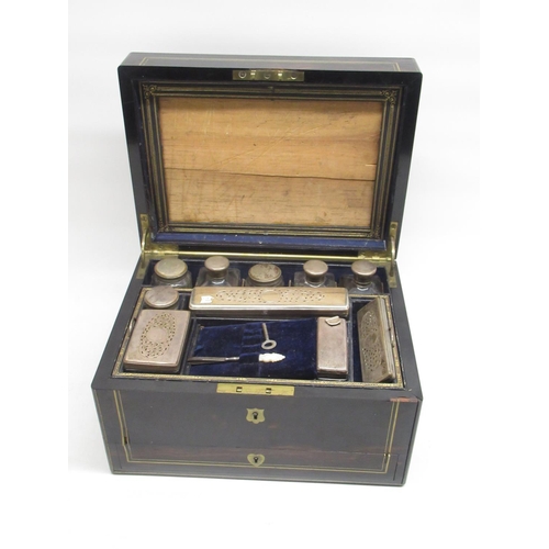 128 - Victorian coromandel ladies vanity case, 9 silver plate topped clear glass jars and bottles, pull ou... 