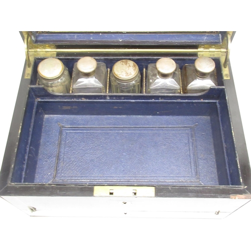 128 - Victorian coromandel ladies vanity case, 9 silver plate topped clear glass jars and bottles, pull ou... 