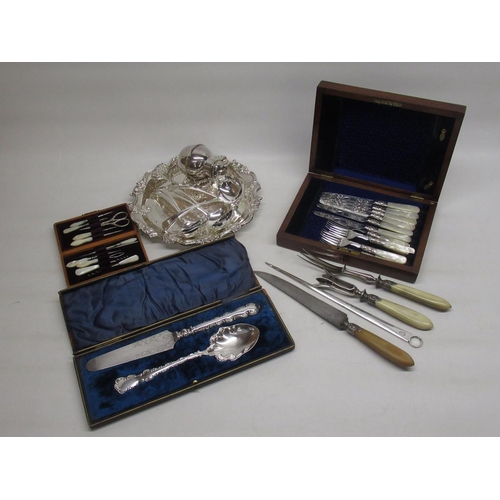 144 - Mixed collection of EPNS and silver plate items, inc. a set of Mother of Pearl handled cased knives ... 