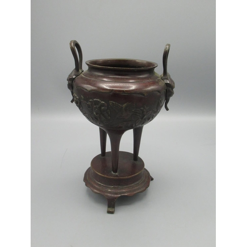 146 - C20th Japanese cast metal paint brush pot on raised stand with 2 handles, H19.5cm