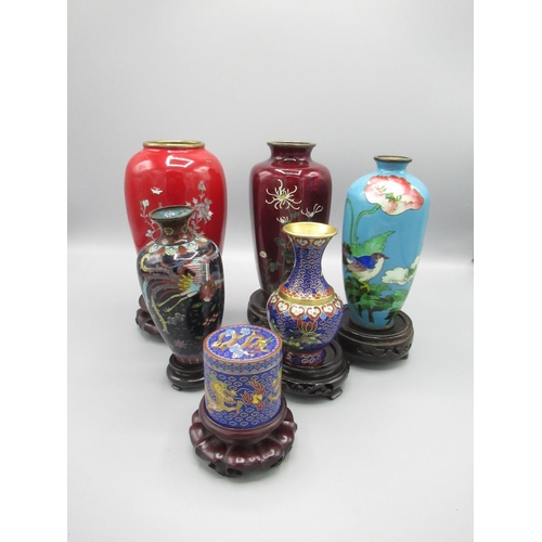 149 - Cloisonne ware lidded pot, 4 cloisonne ware vases and one other vase, all on wood stands (6)