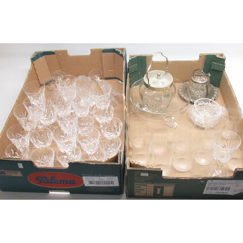 154 - Assorted collection of glassware, inc. glasses, large bowl, silver plate lidded jar, etc. (2 boxes)