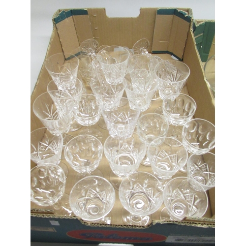 154 - Assorted collection of glassware, inc. glasses, large bowl, silver plate lidded jar, etc. (2 boxes)