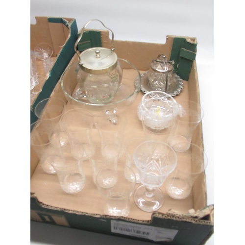 154 - Assorted collection of glassware, inc. glasses, large bowl, silver plate lidded jar, etc. (2 boxes)