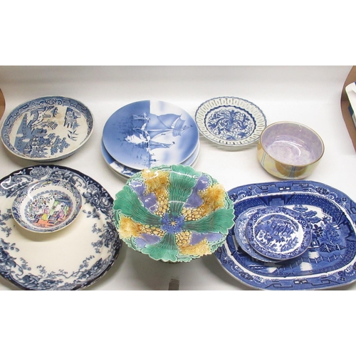 155 - Collection of blue and white meat plates, a mixed coloured pedestal bowl, Grimwades bowl, etc.