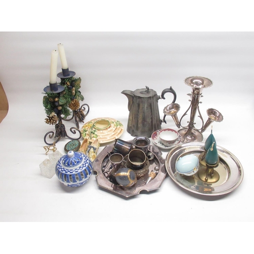 156 - Pewter tea pot, silver plated Epergne, A127 camera, Myott & Son ceramic candle stand, etc.