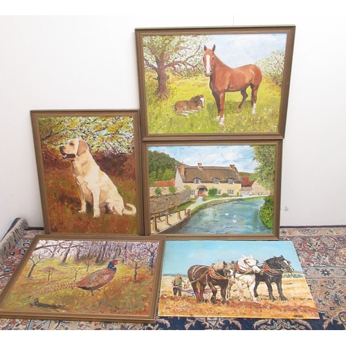 170 - Four framed acrylic paintings of animals, signed Radley, all 66cm x 50.5cm and an unframed acrylic p... 