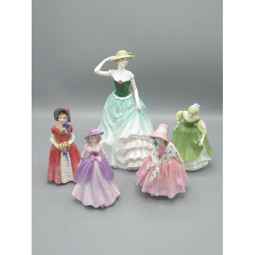 77 - Royal Doulton figures - 'Emily' HN4093, 'Diana' HN1986, 'Fair Maiden' HN2211, 'Lily' HN1793 and a Co... 