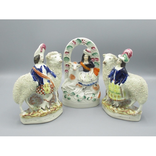 78 - Three Staffordshire figures with sheep, H19.5cm