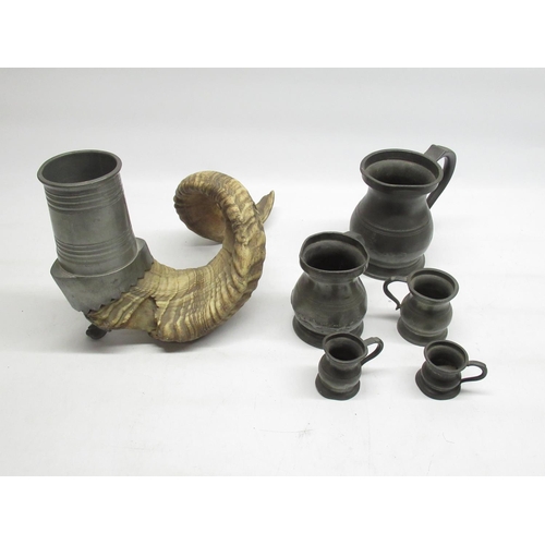 95 - Ram horn and pewter candlestick with five various pewter tankards (6)