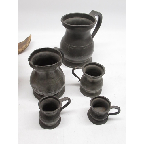 95 - Ram horn and pewter candlestick with five various pewter tankards (6)