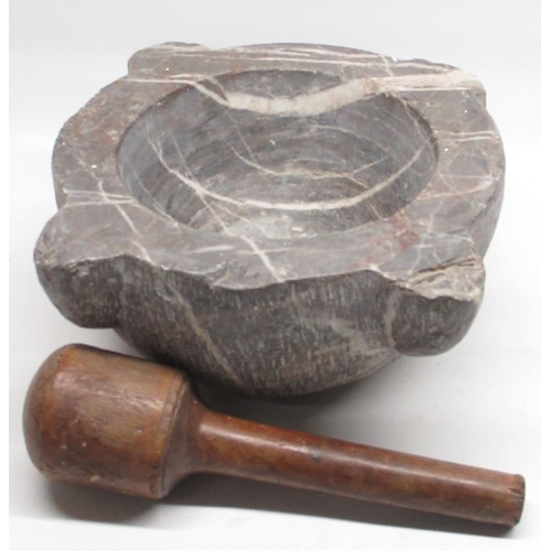 97 - Granite mortar, H15.5cm W38cm and an oak pestle L31cm