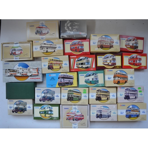 1513 - Twenty five Corgi diecast model buses, all mint/near mint with accessory bags etc