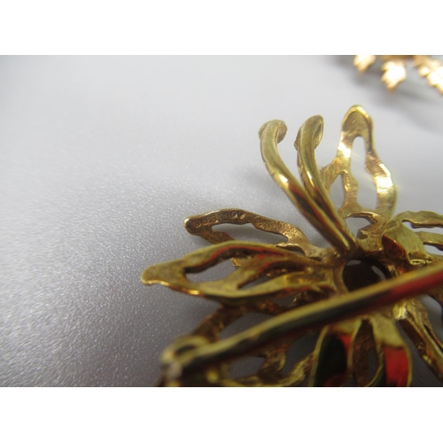 6 - 9ct yellow gold brooch in the form of a leaf, set with six pearls, L5.2cm, and a 9ct yellow gold bro... 