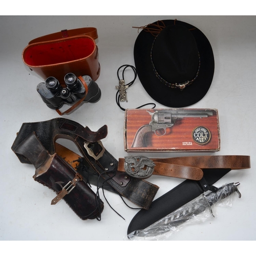 1502 - Replica Colt 45 Army single action revolver, leather gun holster with replica bullets, a hunting kni... 