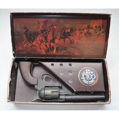 1502 - Replica Colt 45 Army single action revolver, leather gun holster with replica bullets, a hunting kni... 