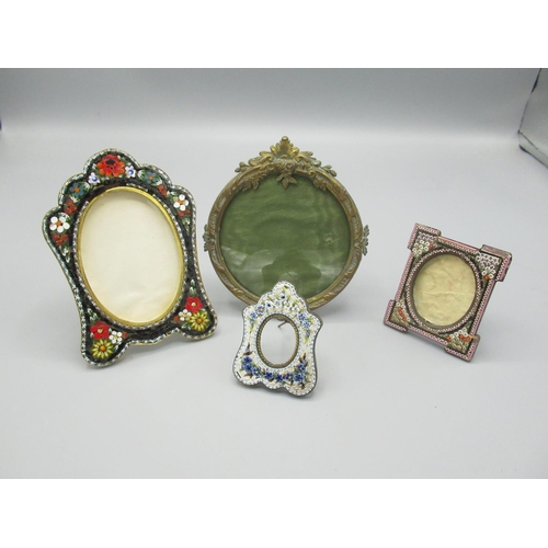 120 - Three micro mosaic photograph frames, respective H 6cm, 6.5cm and 12cm (a/f) and a brass oval photog... 