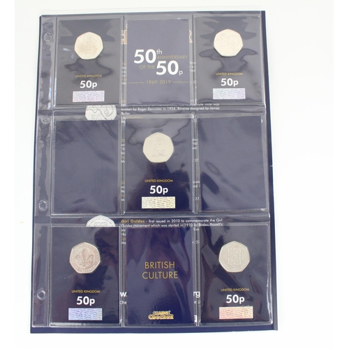 1497 - Five 50 years of the 50p 2019 coins in Changechecker blister packs, incl. Kew Gardens 2019 re-issue