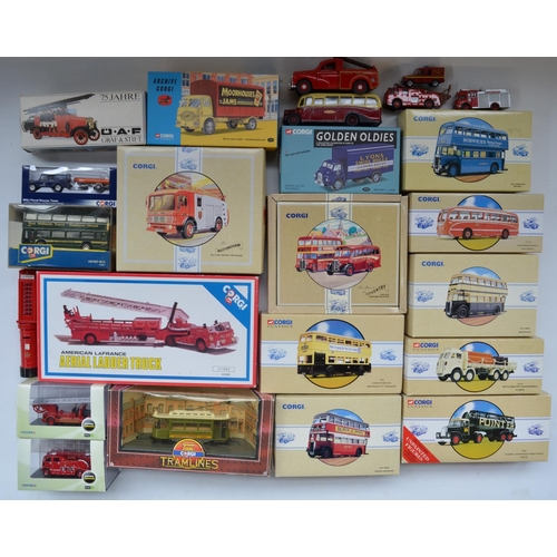 184 - Collection of diecast model buses, trucks and fire engines, various manufacturers and scales to incl... 