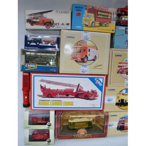 184 - Collection of diecast model buses, trucks and fire engines, various manufacturers and scales to incl... 