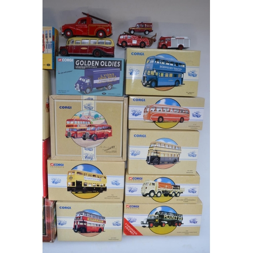 184 - Collection of diecast model buses, trucks and fire engines, various manufacturers and scales to incl... 