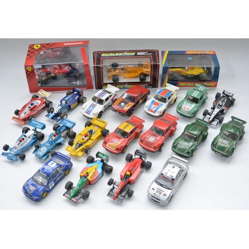 194 - Collection of slot cars for Scalextric to include 5 boxed models (a Carrera Ferrari F14 T Raikkonen,... 