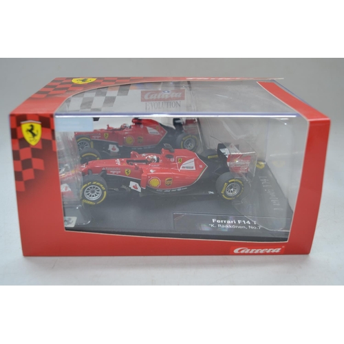 194 - Collection of slot cars for Scalextric to include 5 boxed models (a Carrera Ferrari F14 T Raikkonen,... 