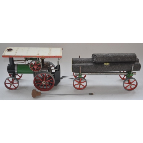 201 - Mamod steam traction engine and trailer with polystyrene wood effect load, with steering rod.