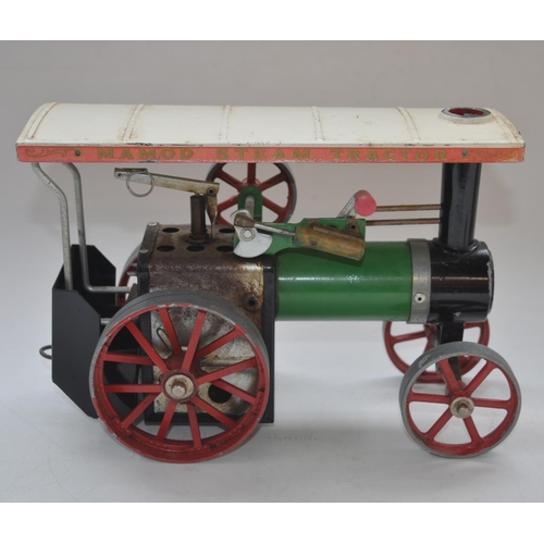 201 - Mamod steam traction engine and trailer with polystyrene wood effect load, with steering rod.