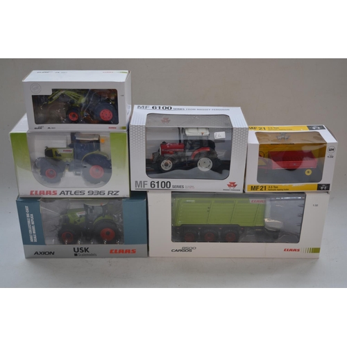 197 - Six 1/32 diecast farm machinery models to include Universal Hobbies Claas Atles 936RZ, Massey Fergus... 