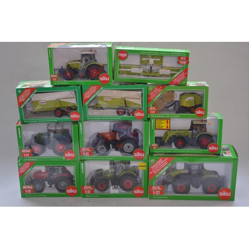 198 - Eleven boxed 1/32 diecast farm machinery models by Siku to include 6 tractors (4x Claas, 1x Valtra, ... 