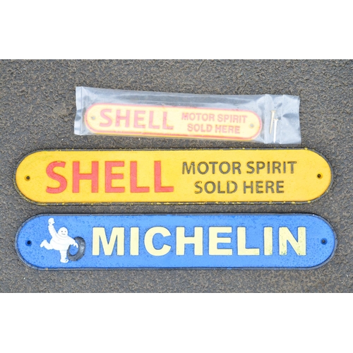 223 - Three relief cast metal signs to incl. two Shell Motor Sport Sold Here wall signs, sizes: smaller (m... 