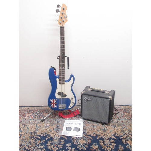 370 - Fender Rumble 15 amp, serial no. ICTB15023716 with instructions, and a gear4music blue finish electr... 