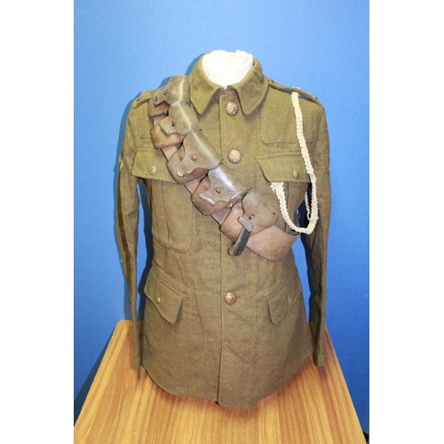 1072 - Collection military items from PTE Drury, Battle dress tunic and cap and Yeomanry leather bandolier ... 