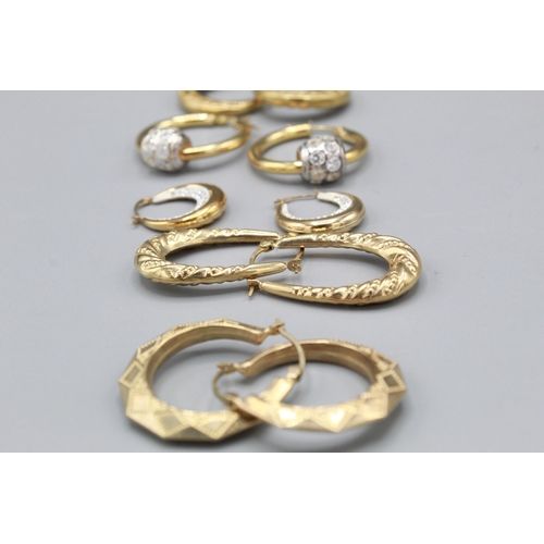 776 - Five pairs of 9ct yellow gold hoop earrings of various designs, all stamped 375, gross 13.9g