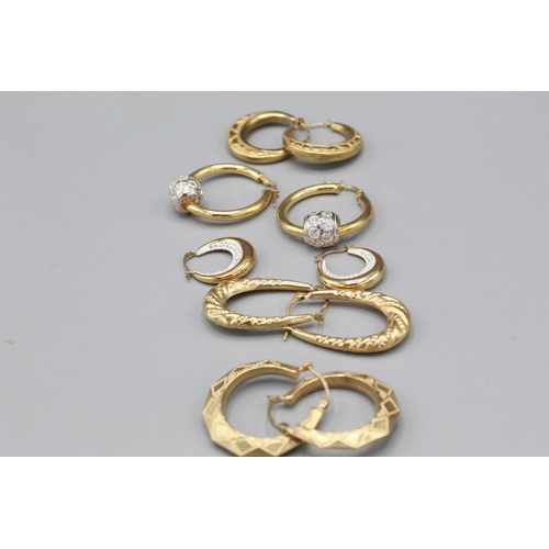 776 - Five pairs of 9ct yellow gold hoop earrings of various designs, all stamped 375, gross 13.9g