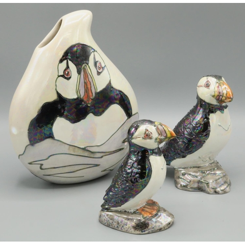 664 - Lise B Moorcroft (granddaughter of William Moorcroft), studio lusterware pottery Puffins with tubeli... 