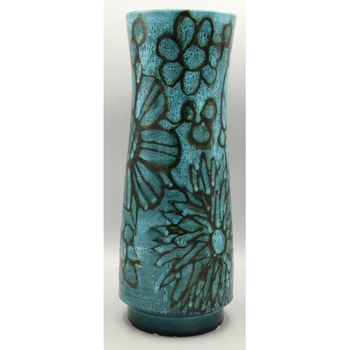 666 - Mid C20th Poole Pottery Delphis vase, mottle turquoise glaze, decorated with sunflowers, printed and... 